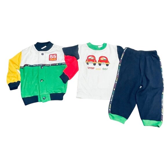 Vtg Small Steps Baby Clothes Color Block 3 Piece Set Car Theme 24 Months Boy - Picture 1 of 14
